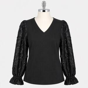 Chico's Black Lace Sleeve V-Neck Top Women's US Medium Cotton Blend Long Sleeve